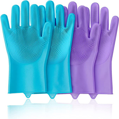 Guanti riutilizzabili del silicone di lavatura dei piatti porpora e blu per pulizia