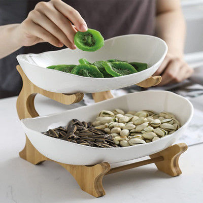 2 verdi bianchi ciotola di frutta ceramica di 3 file con il supporto di legno di bambù per il contatore di cucina
