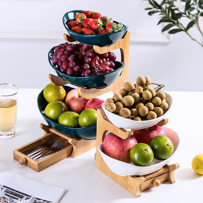 2 verdi bianchi ciotola di frutta ceramica di 3 file con il supporto di legno di bambù per il contatore di cucina