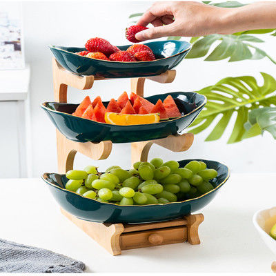 2 verdi bianchi ciotola di frutta ceramica di 3 file con il supporto di legno di bambù per il contatore di cucina