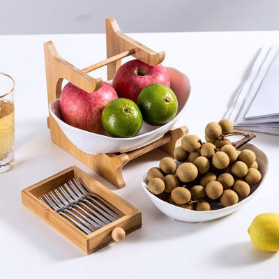2 verdi bianchi ciotola di frutta ceramica di 3 file con il supporto di legno di bambù per il contatore di cucina