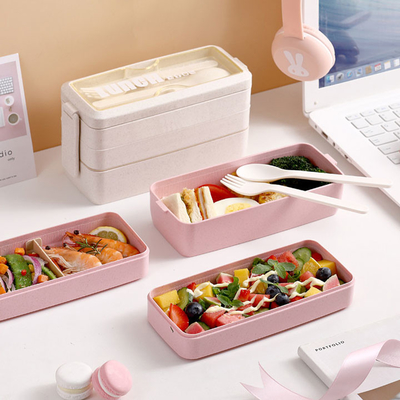Grano Straw Rectangle multi scatola di pranzo del compartimento di 3 strati con la forchetta ed il cucchiaio