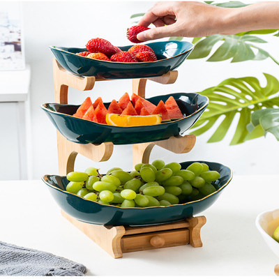 2 verdi bianchi ciotola di frutta ceramica di 3 file con il supporto di legno di bambù per il contatore di cucina