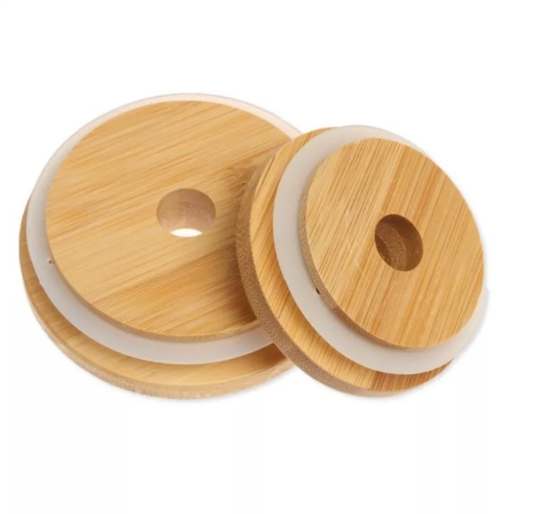 Elettrodomestico 70mm/86mm Mason Lids di bambù con la guarnizione Mason Caps del silicone e di Straw Hole